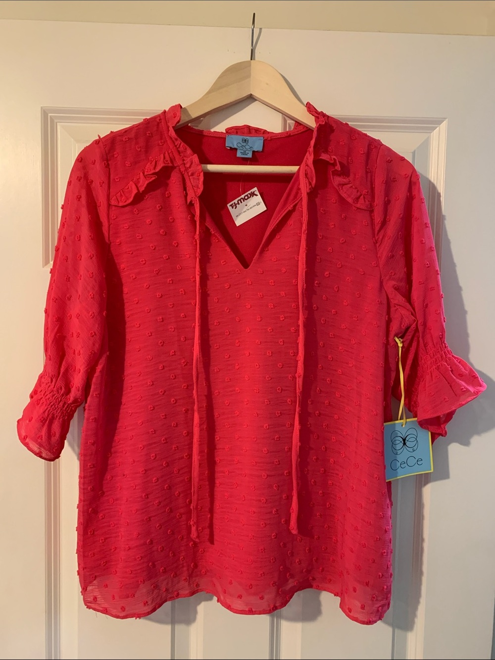 CeCe Bright Pink Swiss Dot Tie-Neck Blouse